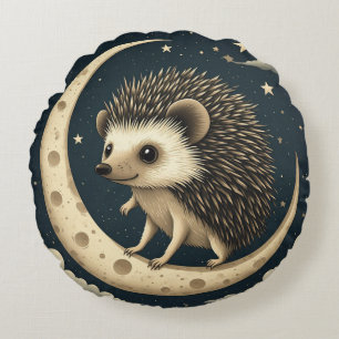 Cute Hedgehog Sitting on Crescent Moon Round Pillow