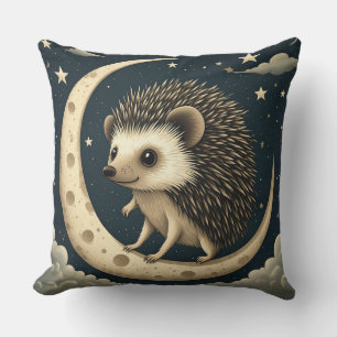 Cute Hedgehog Sitting on Crescent Moon Throw Pillow