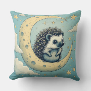 Cute Hedgehog Sitting on Crescent Moon Throw Pillow