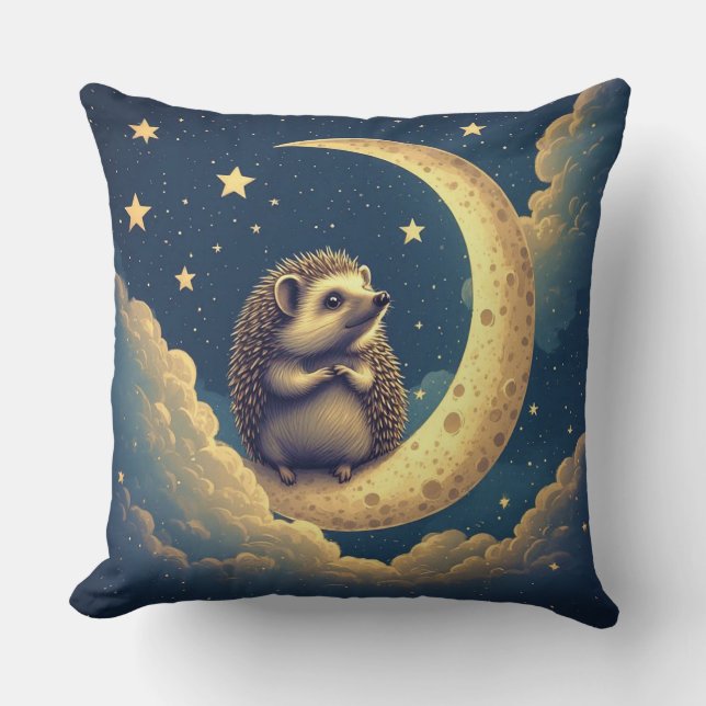 Cute Hedgehog Sitting on Crescent Moon Throw Pillow (Front)