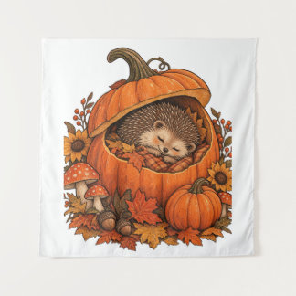 Cute Hedgehog Sleeping Pumpkin Cozy Fall Autumn Tapestry