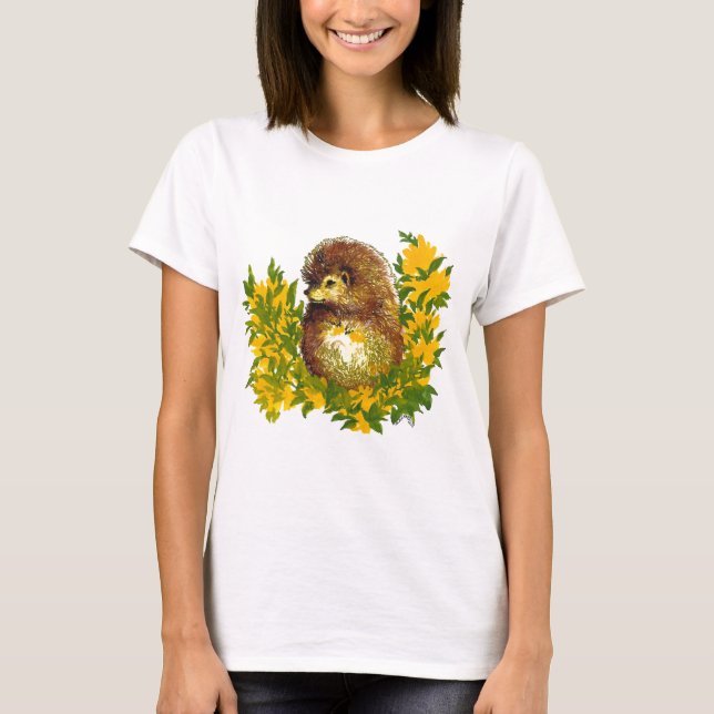 Cute Hedgehog Springtime Water Colour Designed T-Shirt (Front)