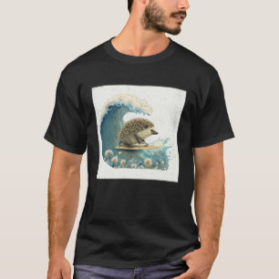 Cute Hedgehog Surfing Illustration Sea Great Wave T-Shirt
