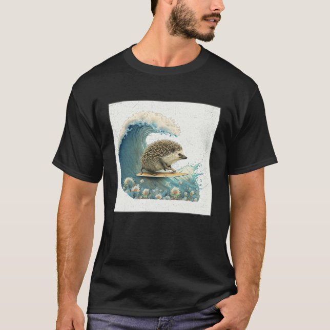 Cute Hedgehog Surfing Illustration Sea Great Wave  T-Shirt (Front)