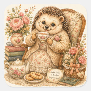 Cute Hedgehog Tea Time Grandmacore Cozy Armchair Square Sticker
