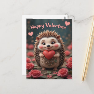 Cute Hedgehog Valentine Holding Heart Love Art Postcard