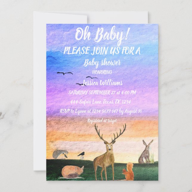 Cute Hedgehog Watercolor Woodland Animals Fox Hare Invitation (Front)