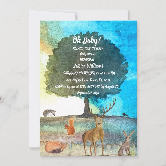 Cute Hedgehog Watercolor Woodland Animals Fox Hare Invitation (Front)