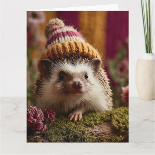 Cute Hedgehog Wearing a Knit Striped Winter Hat Card