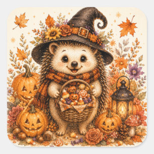 Cute Hedgehog Witch Halloween Pumpkins Autumn Square Sticker