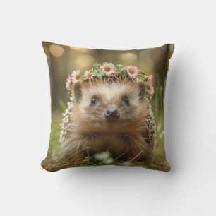 Cute hedgehog with a crown of flowers throw pillow