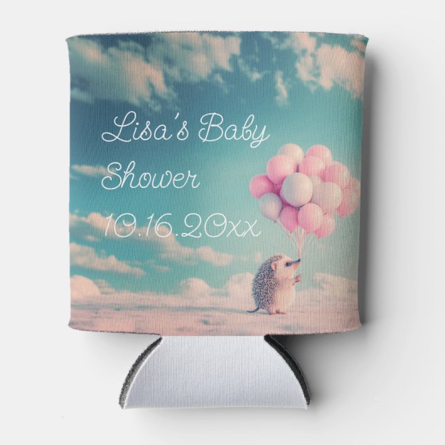 Cute hedgehog with birthday balloons, customizable can cooler (Front)
