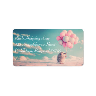 Cute hedgehog with birthday balloons, customizable label