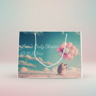 Cute hedgehog with birthday balloons, customizable large gift bag