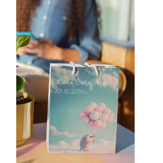 Cute hedgehog with birthday balloons, customizable medium gift bag