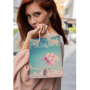 Cute hedgehog with birthday balloons, customizable medium gift bag
