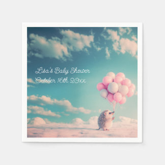 Cute hedgehog with birthday balloons, customizable napkin