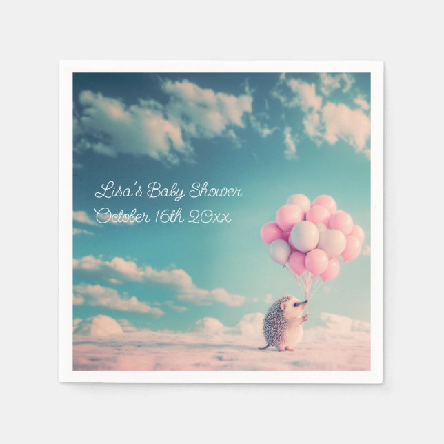 Cute hedgehog with birthday balloons, customizable napkin (Front)