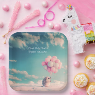 Cute hedgehog with birthday balloons, customizable paper plate