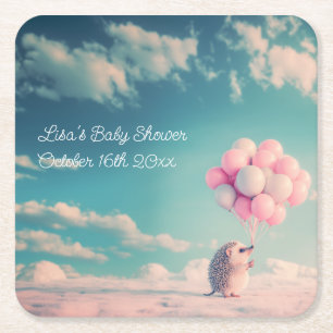 Cute hedgehog with birthday balloons, customizable square paper coaster