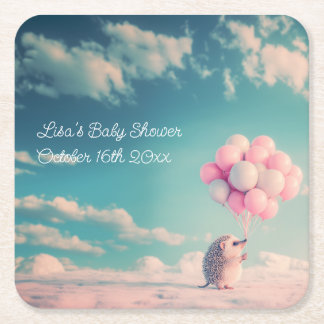 Cute hedgehog with birthday balloons, customizable square paper coaster
