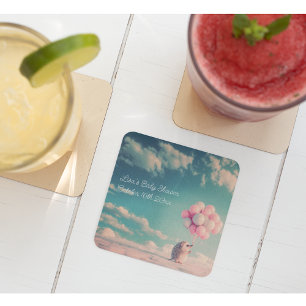 Cute hedgehog with birthday balloons, customizable square paper coaster