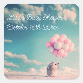 Cute hedgehog with birthday balloons, customizable square sticker