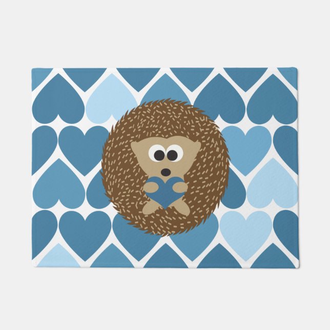 Cute Hedgehog with Blue Heart Background Doormat (Front)