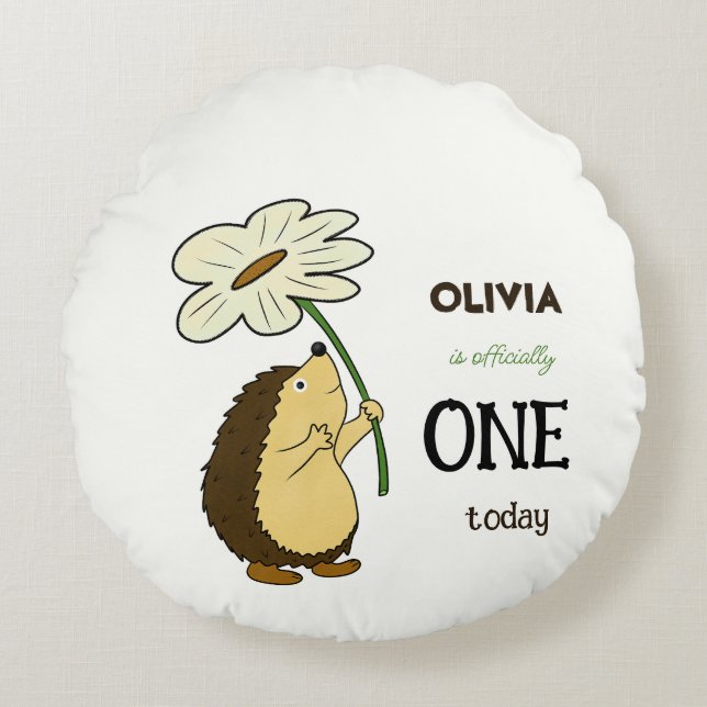Cute hedgehog with flower round pillow (Front)