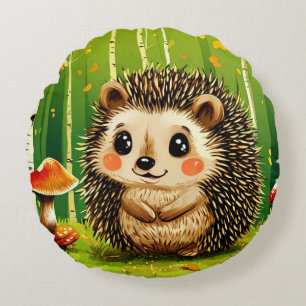 Cute Hedgehog With Green Forest Background Round Pillow