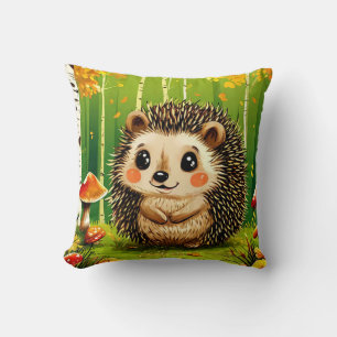 Cute Hedgehog With Green Forest Background Throw Pillow
