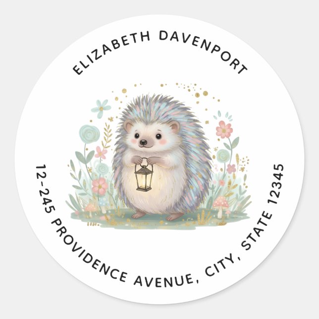 Cute Hedgehog with Lantern Address Classic Round Sticker (Front)