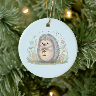 Cute Hedgehog with Lantern Ceramic Ornament