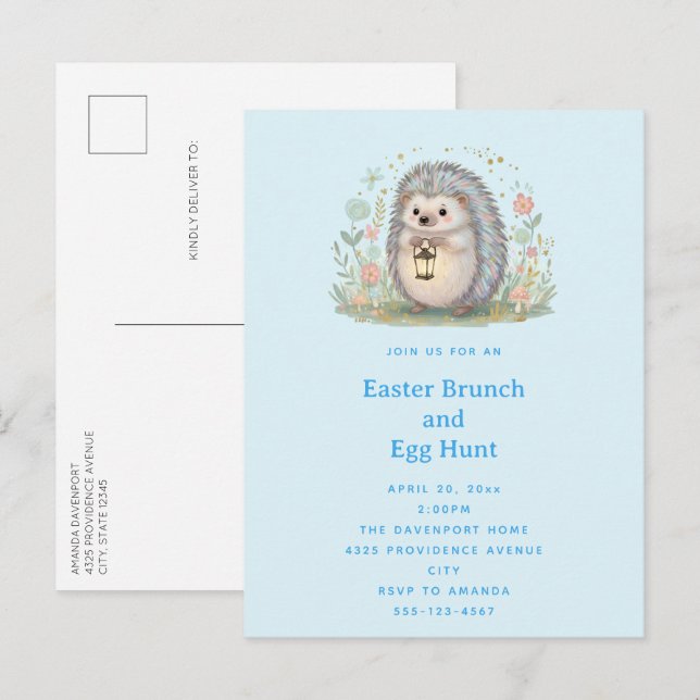 Cute Hedgehog with Lantern Easter Invitation Postcard (Front/Back)