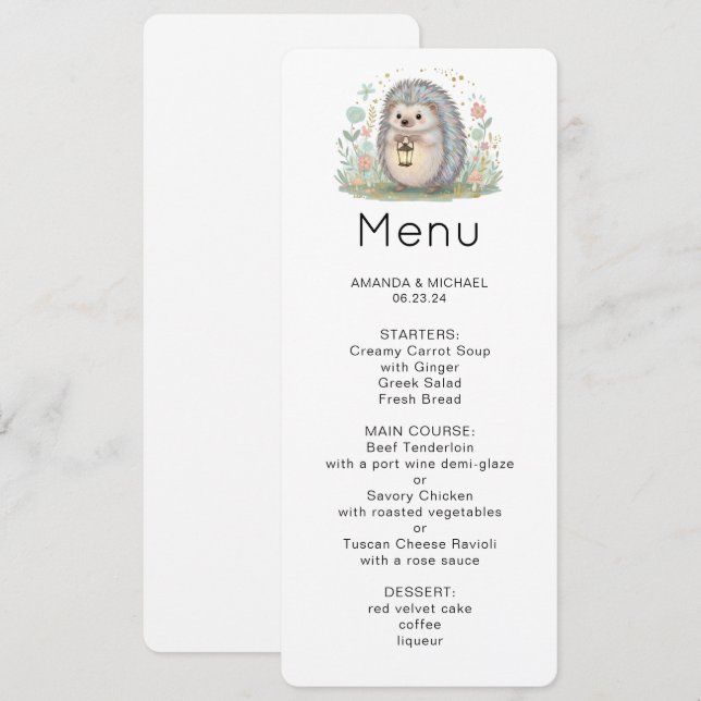 Cute Hedgehog with Lantern Menu Invitation (Front/Back)