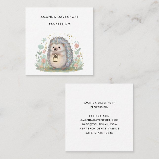 Cute Hedgehog with Lantern Square Business Card (Front/Back)