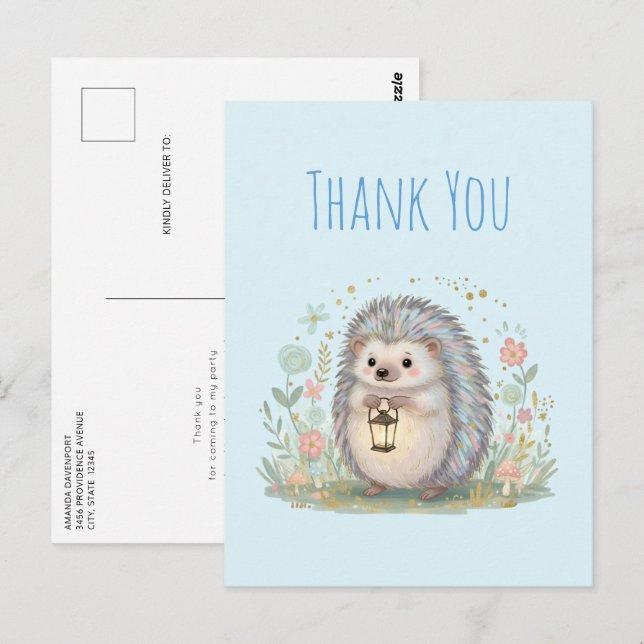 Cute Hedgehog with Lantern Thank You Postcard (Front/Back)