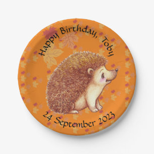 Cute hedgehog with orange leaves paper plate