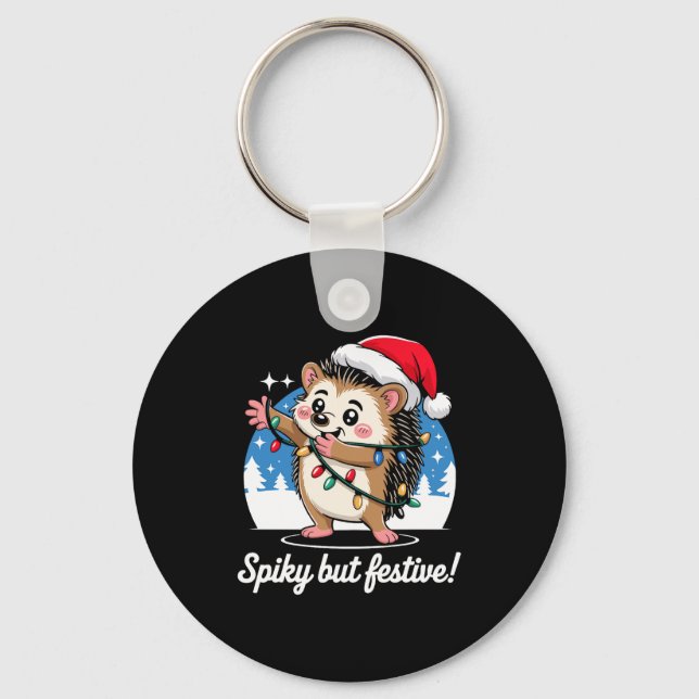 Cute Hedgehog With Santa Hat Christmas Lights Wint Keychain (Front)
