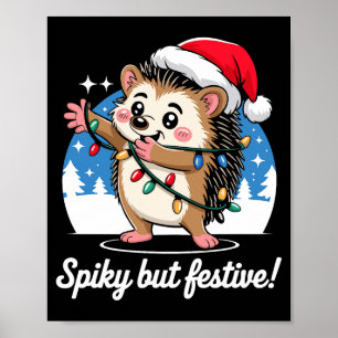 Cute Hedgehog With Santa Hat Christmas Lights Wint Poster