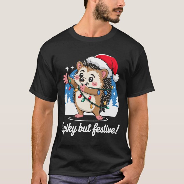 Cute Hedgehog With Santa Hat Christmas Lights Wint T-Shirt (Front)