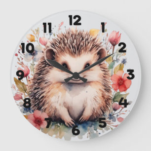 Cute hedgehog with Spring flowers Large Clock