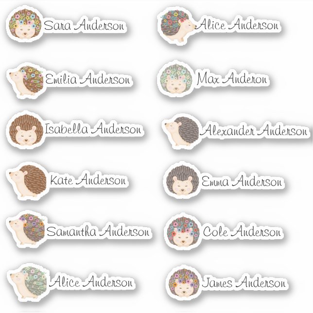 Cute Hedgehogs Custom Multiple Name Stickers (Front)