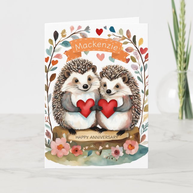 Cute Hedgehogs Hedgehugs Personalized Anniversary  Card (Front)
