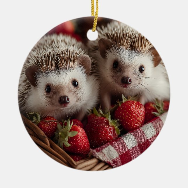 Cute Hedgehogs Peeking from a Strawberry Basket Ceramic Ornament (Front)