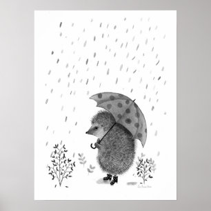 Cute Hedgehog's Rainy Day Watercolor Illustration Poster