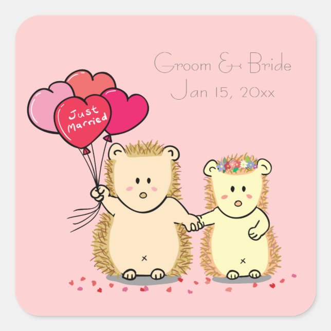 Cute hedgehogs with balloons, newly married couple square sticker (Front)