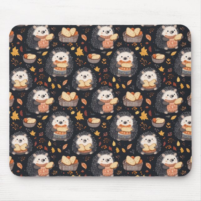 Cute Hedgehogs with Bread and Autumn Leaves  Mouse Pad (Front)