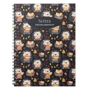 Cute Hedgehogs with Bread and Autumn Leaves  Notebook