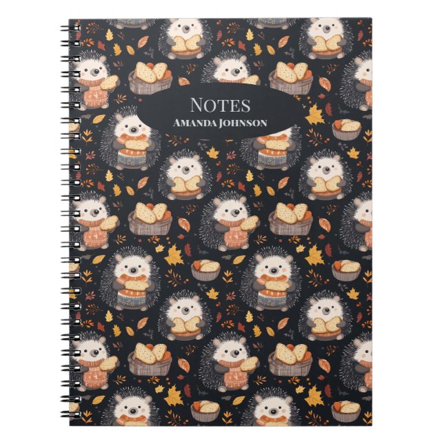 Cute Hedgehogs with Bread and Autumn Leaves  Notebook (Front)